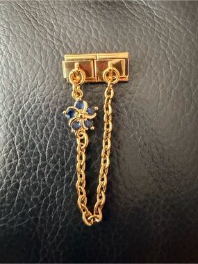 Gold Tone Italian Charm Bracelet Safety Chain Link with Blue Floral Gem Charm.